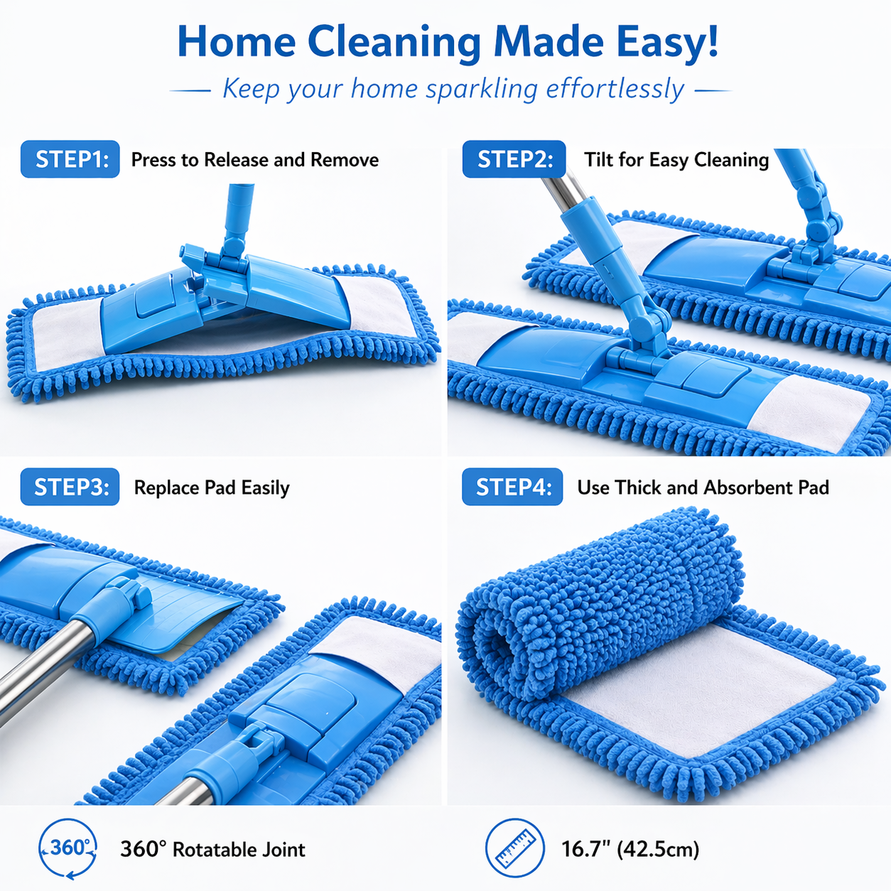 Aras™ Detachable Coral Fleece Flat Mop with Stainless Steel Handle