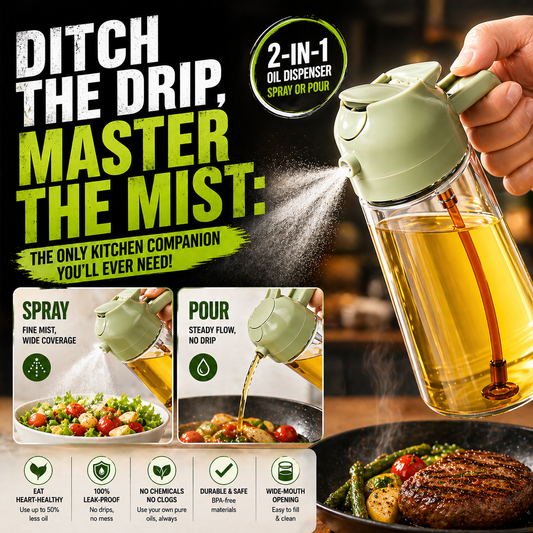 2-in-1 Oil Sprayer and Dispenser Bottle - 500ML for Kitchen, Cooking, BBQ, Air Fryer, Salad, Frying, Baking | Transparent